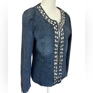 VTG 90s glam denim bling bejeweled blazer jacket zipper sleeves rockabilly M/L